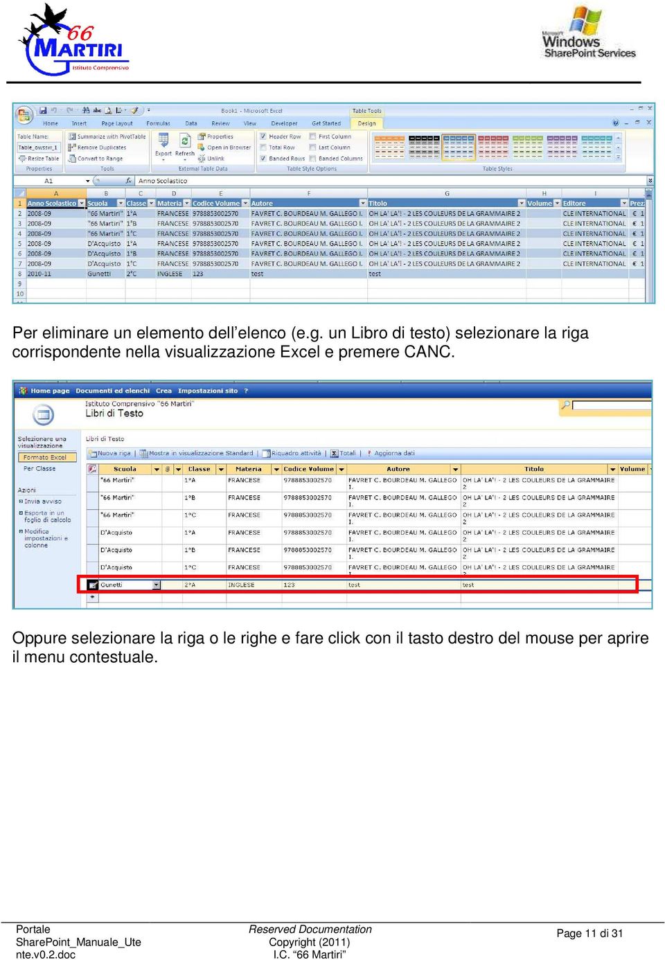 visualizzazione Excel e premere CANC.