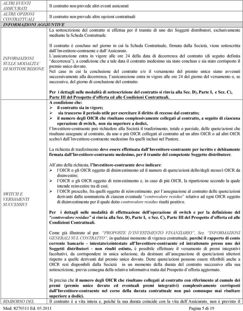 INFORMAZIONI SULLE MODALITA DI SOTTOSCRIZIONE Il contratto è concluso nel giorno in cui la Scheda Contrattuale, firmata dalla Società, viene sottoscritta dall Investitore-contraente e dall Assicurato.