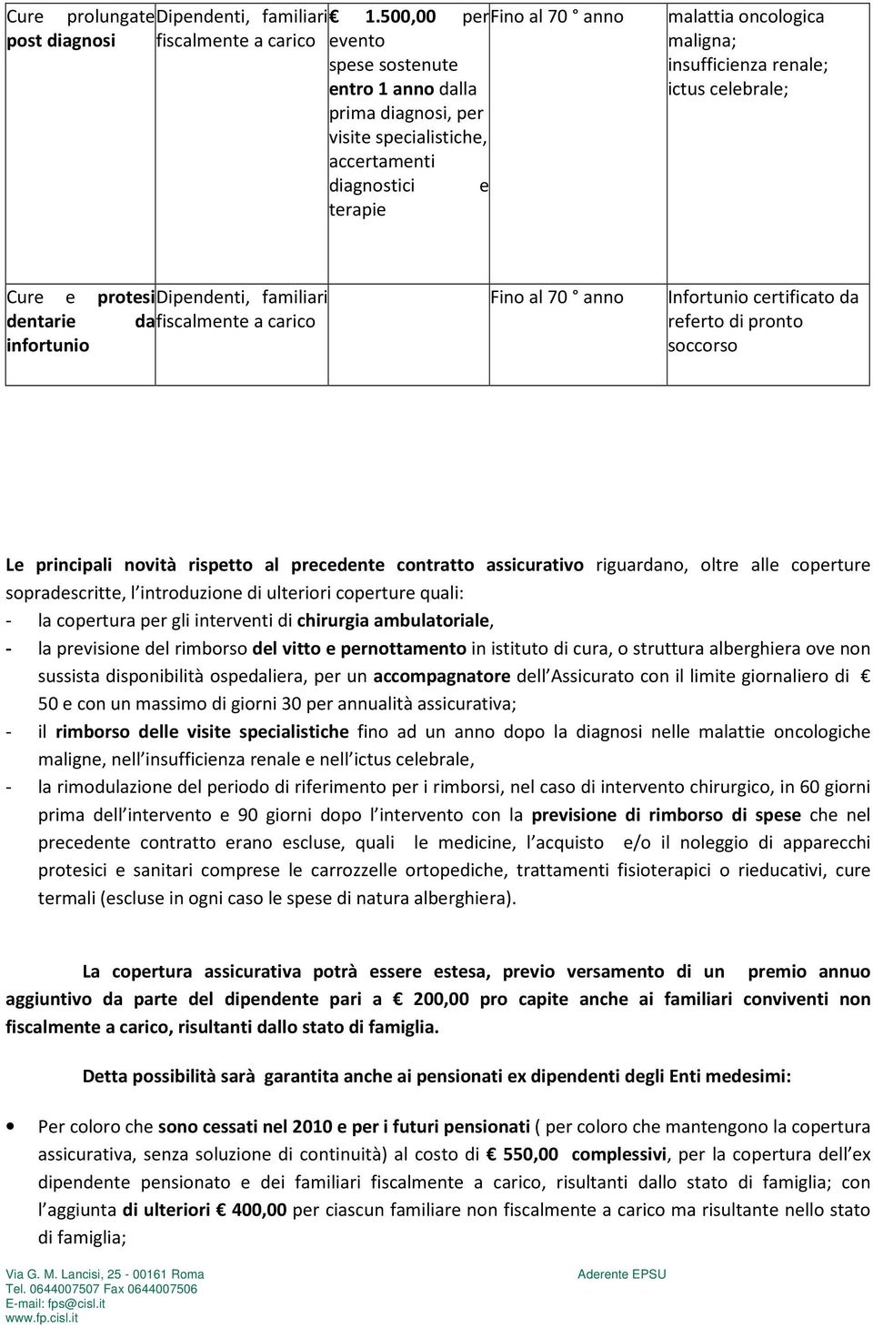 oncologica maligna; insufficienza renale; ictus celebrale; Cure e protesi Dipendenti, familiari dentarie da fiscalmente a carico infortunio Fino al 70 anno Infortunio certificato da referto di pronto