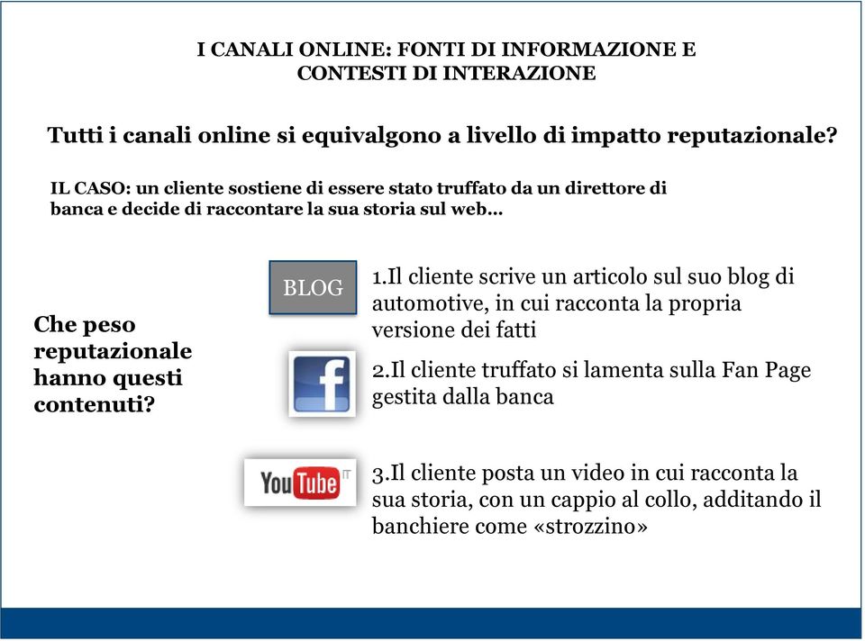 questi contenuti? BLOG 1.Il cliente scrive un articolo sul suo blog di automotive, in cui racconta la propria versione dei fatti 2.