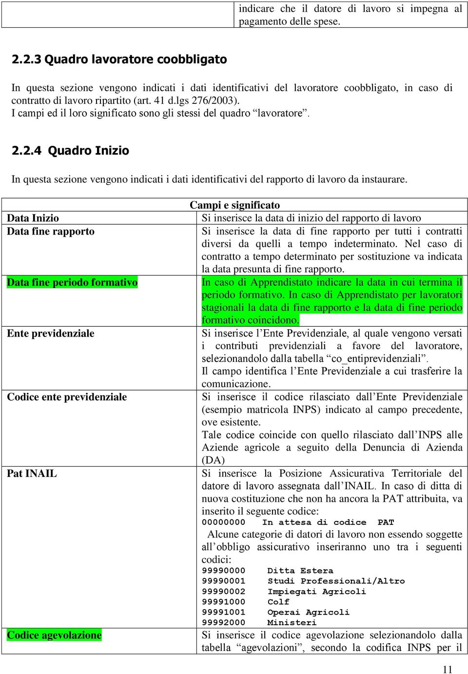 I campi ed il loro significato sono gli stessi del quadro lavoratore. 2.2.4 Quadro Inizio In questa sezione vengono indicati i dati identificativi del rapporto di lavoro da instaurare.