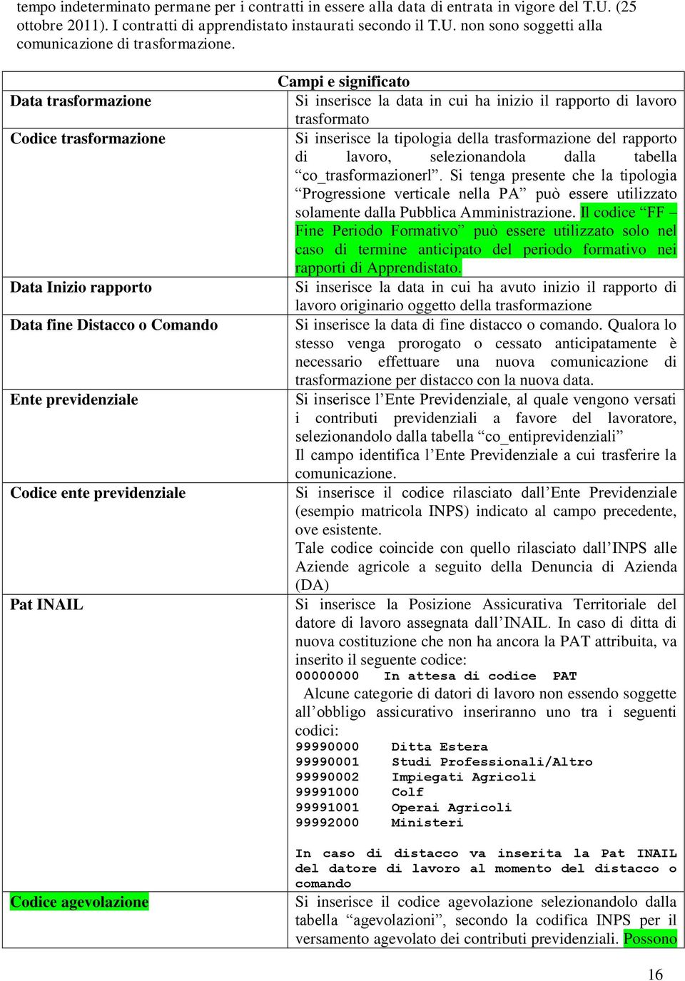 inizio il rapporto di lavoro trasformato Si inserisce la tipologia della trasformazione del rapporto di lavoro, selezionandola dalla tabella co_trasformazionerl.