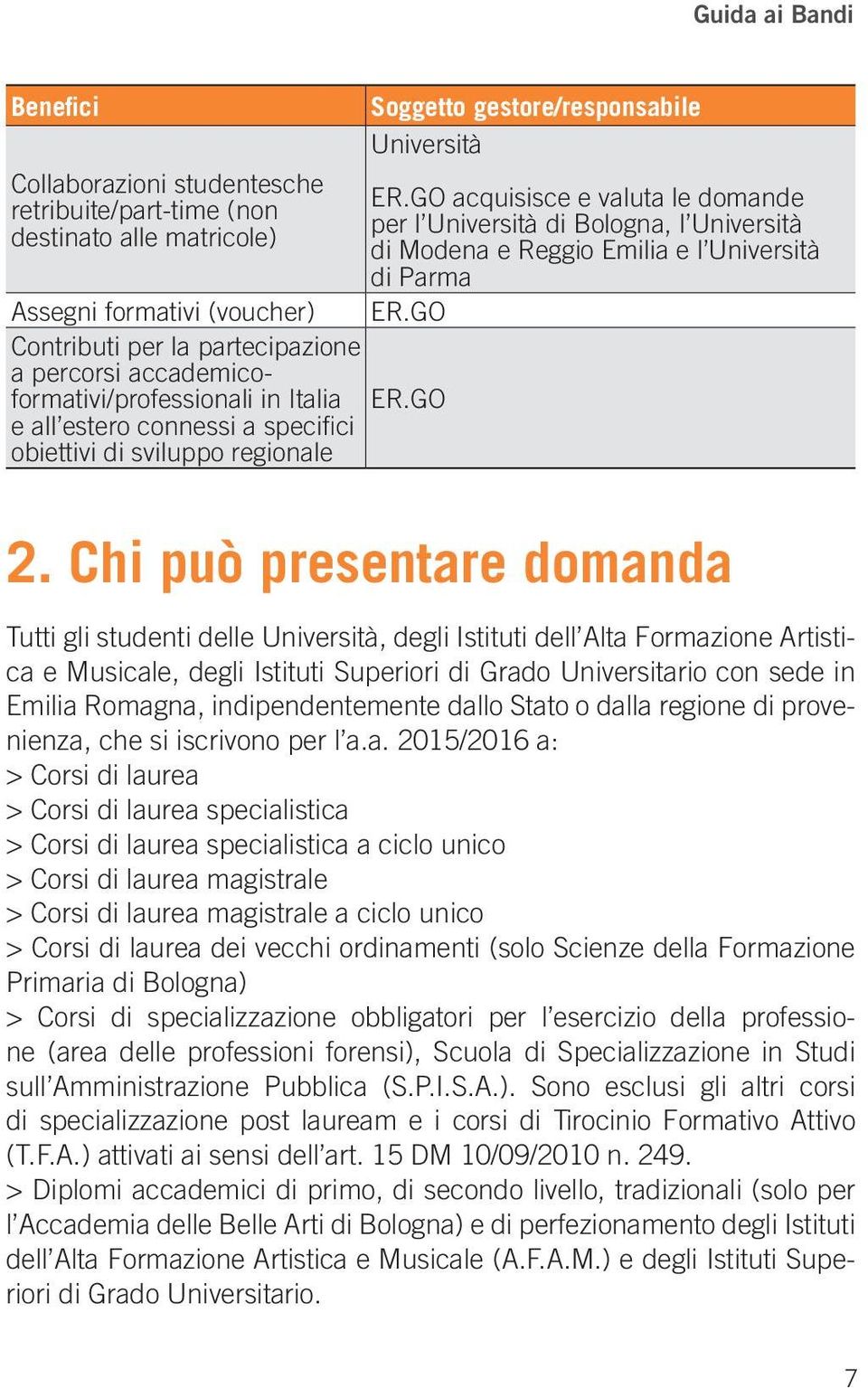 GO acquisisce e valuta le domande per l Università di Bologna, l Università di Modena e Reggio Emilia e l Università di Parma ER.GO ER.GO 2.