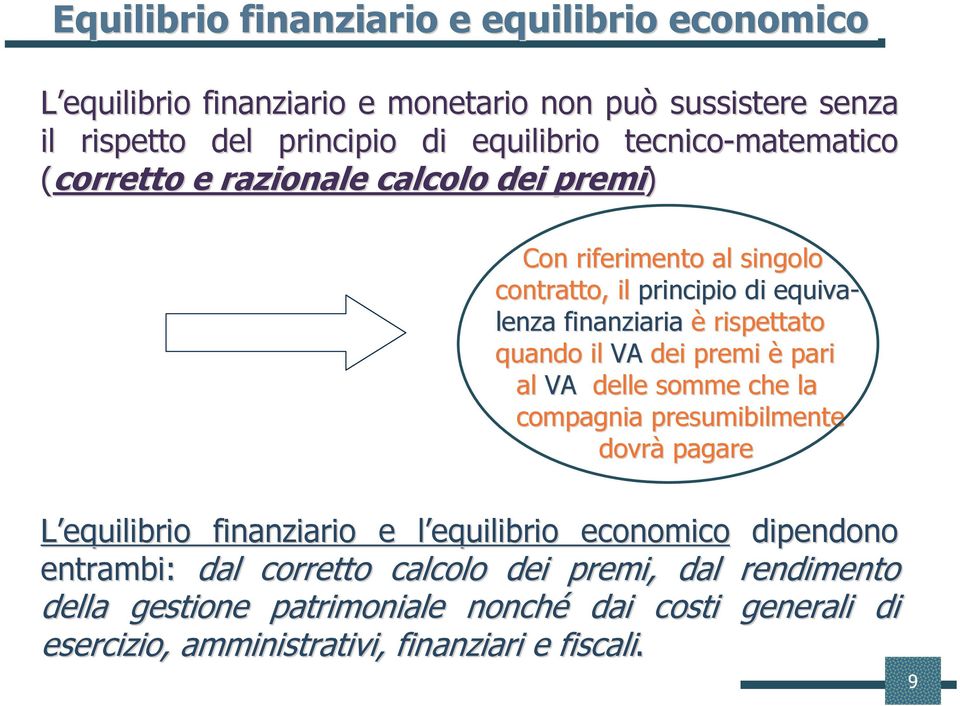 quando il VA dei premi è pari al VA delle somme che la compagnia presumibilmente dovrà pagare L equilibrio finanziario e l equilibrio l economico dipendono