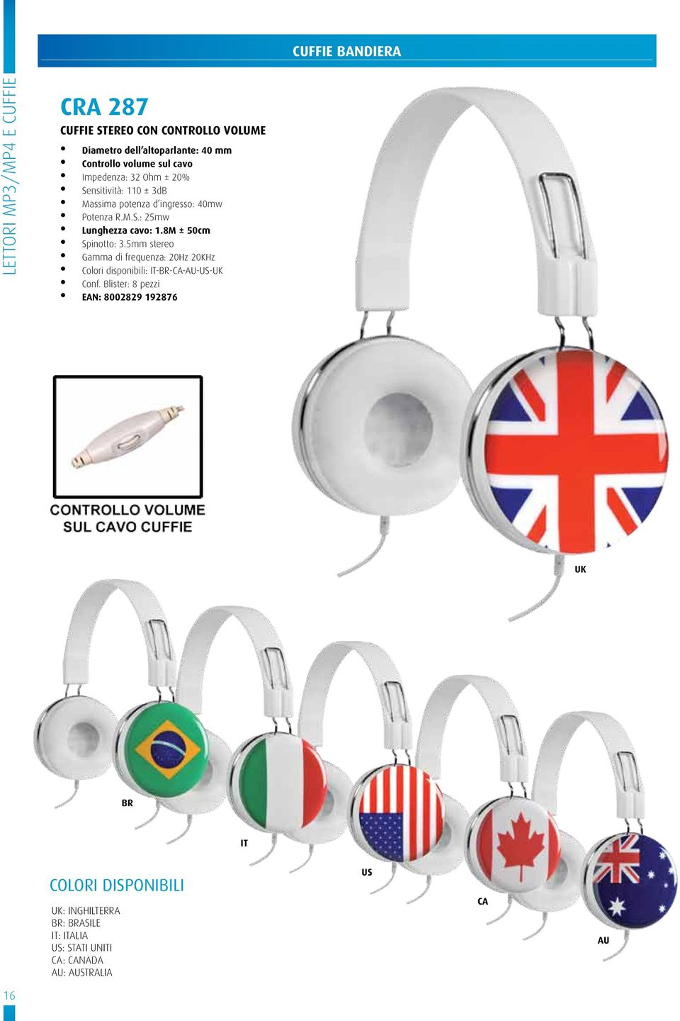 8M ± 50cm Spinotto: 3.5mm stereo Colori disponibili: IT-BR-CA-AU-US-UK Conf.