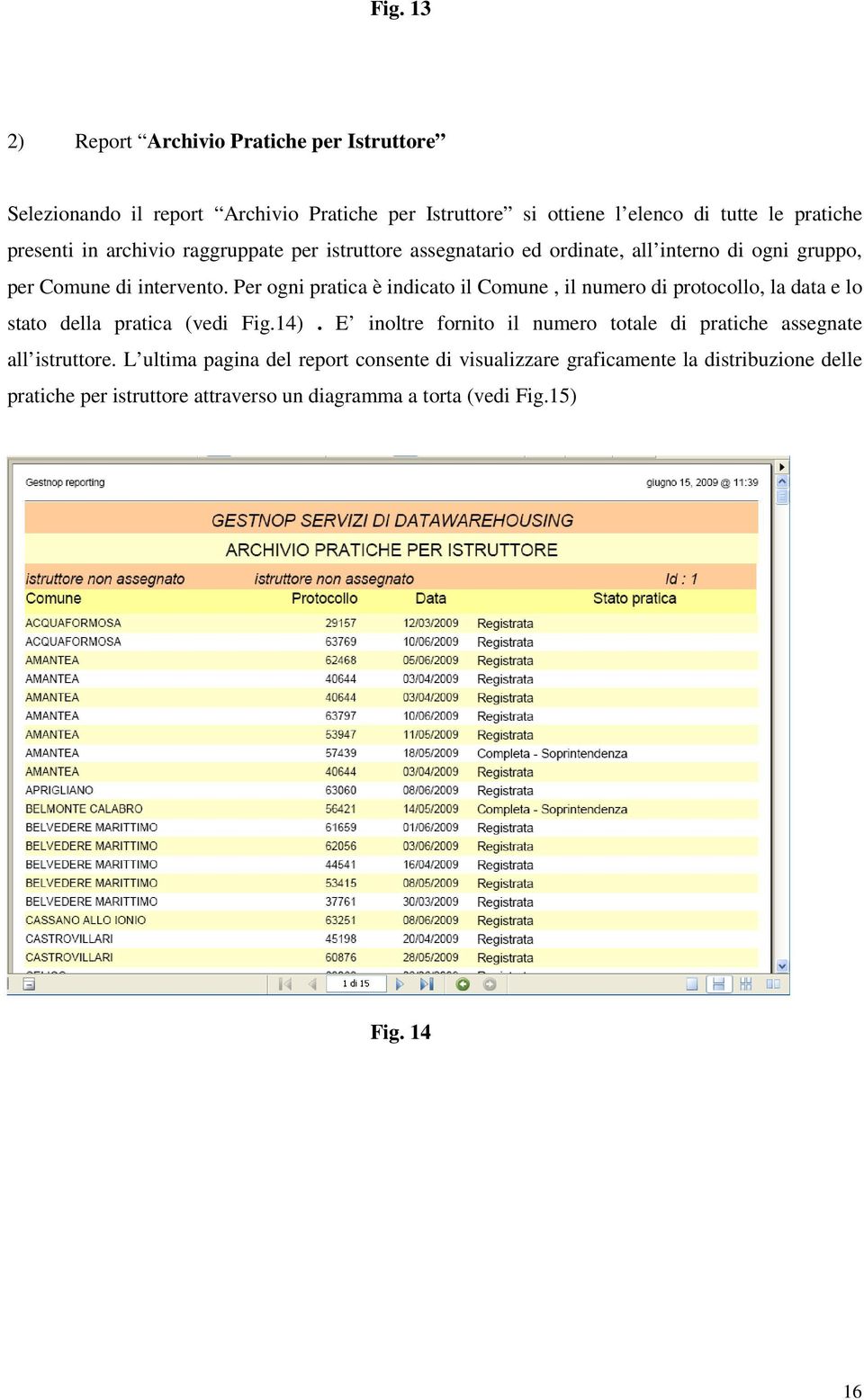 Per ogni pratica è indicato il Comune, il numero di protocollo, la data e lo stato della pratica (vedi Fig.14).