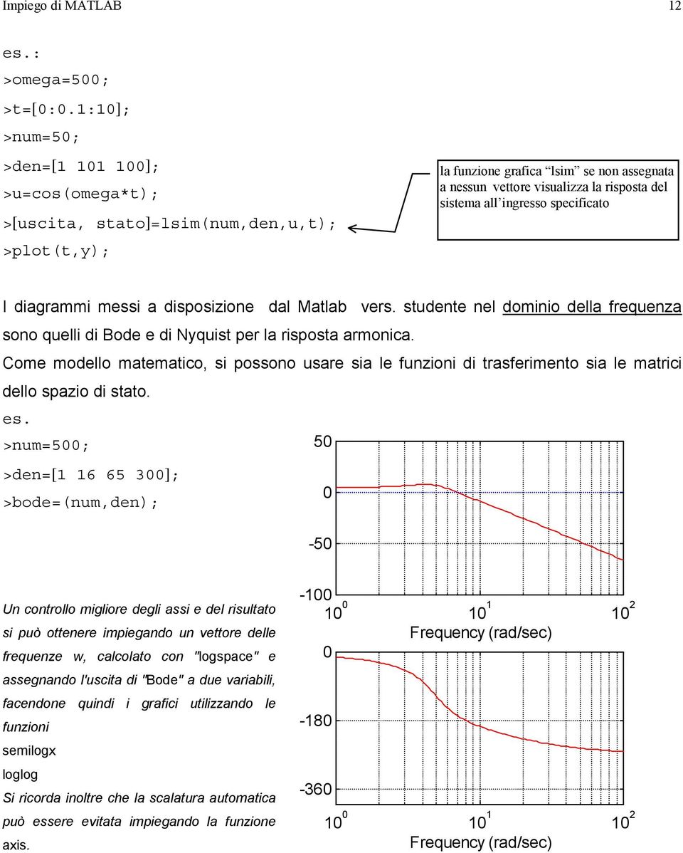 ingresso specificato I diagrammi messi a disposizione dal Matlab vers. studente nel dominio della frequenza sono quelli di Bode e di Nyquist per la risposta armonica.