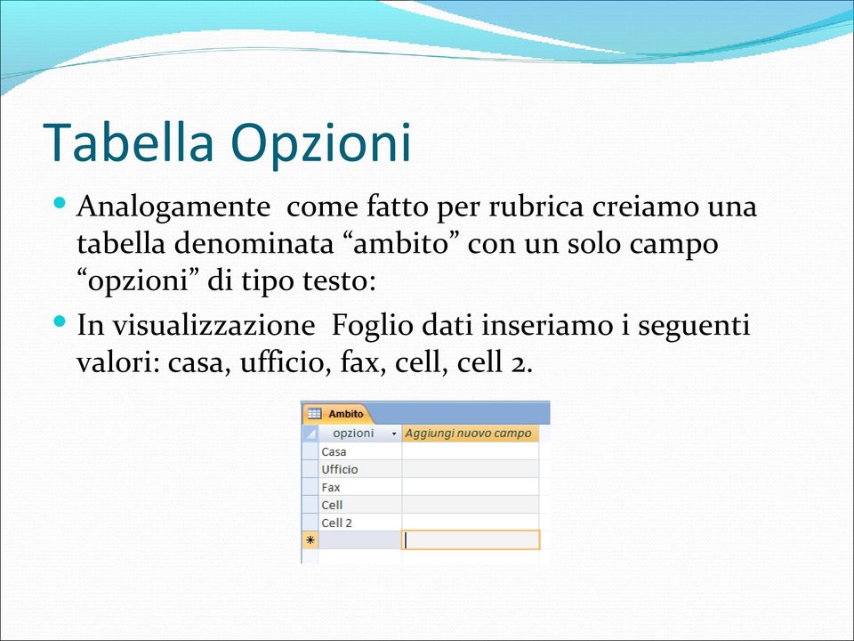 opzioni di tipo testo: In visualizzazione Foglio dati