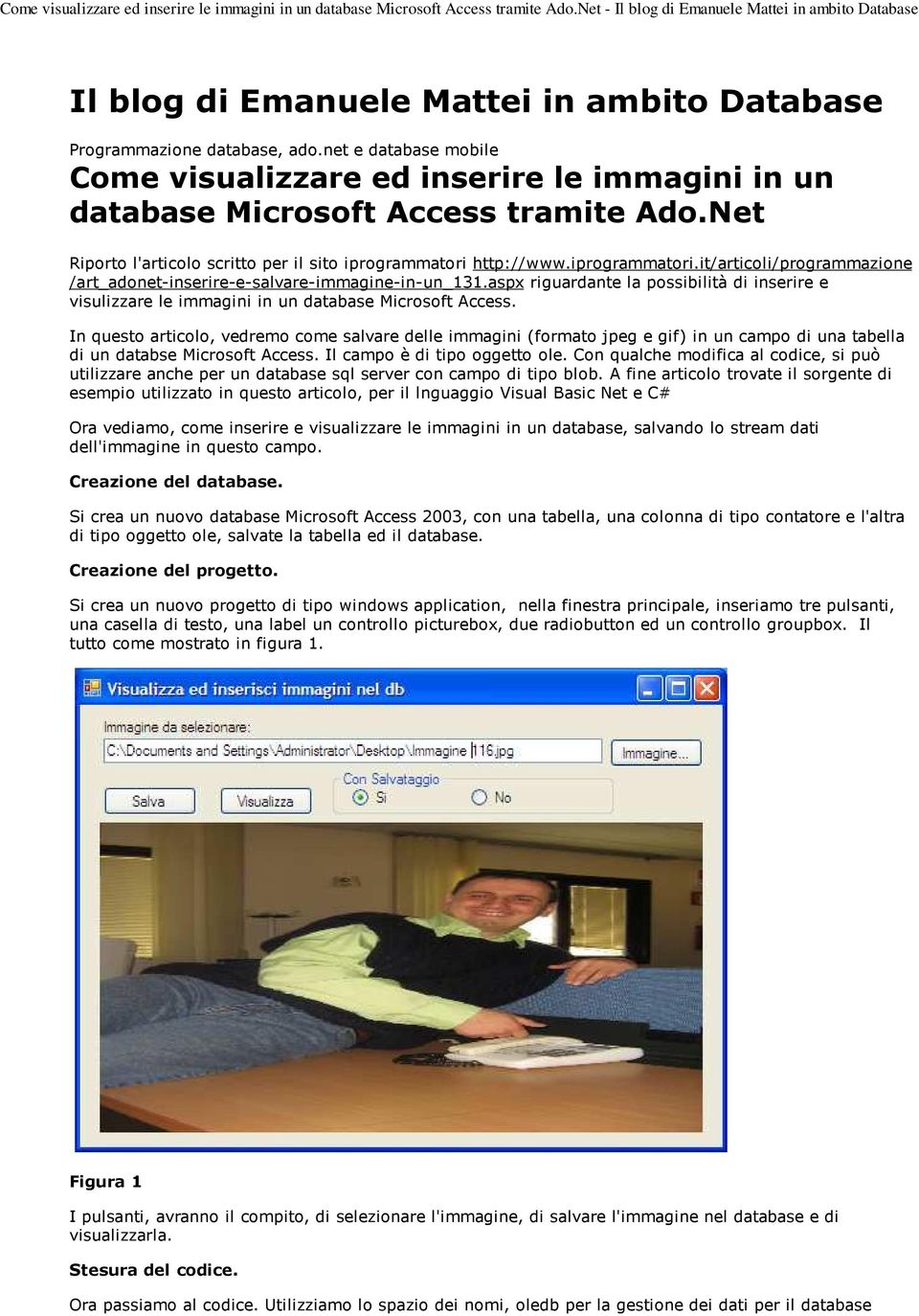 aspx riguardante la possibilità di inserire e visulizzare le immagini in un database Microsoft Access.