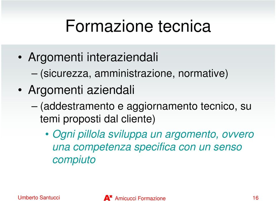 temi proposti dal cliente) Ogni pillola sviluppa un argomento, ovvero una