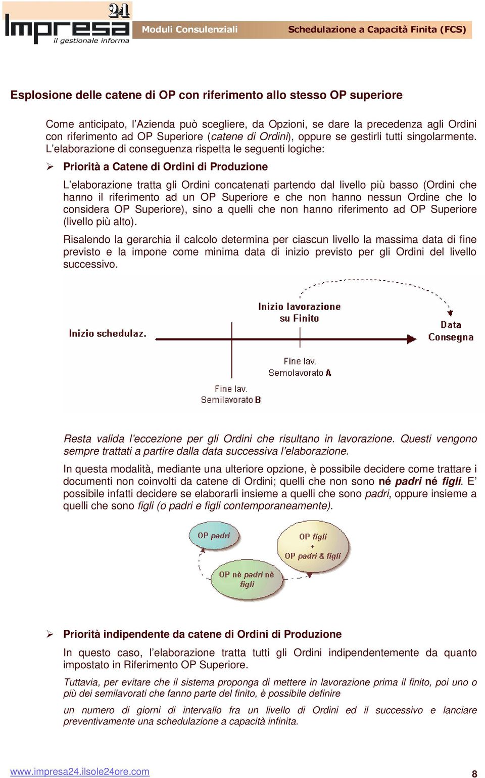 L elaborazione di conseguenza rispetta le seguenti logiche: Priorità a Catene di Ordini di Produzione L elaborazione tratta gli Ordini concatenati partendo dal livello più basso (Ordini che hanno il