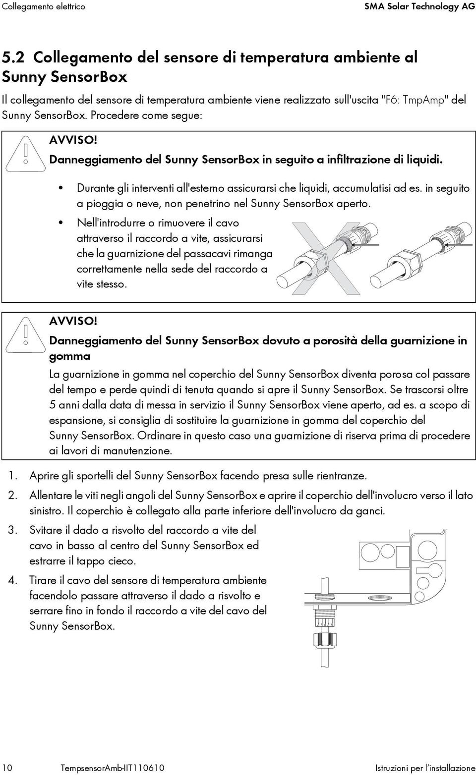 Procedere come segue: AVVISO! Danneggiamento del Sunny SensorBox in seguito a infiltrazione di liquidi. Durante gli interventi all'esterno assicurarsi che liquidi, accumulatisi ad es.