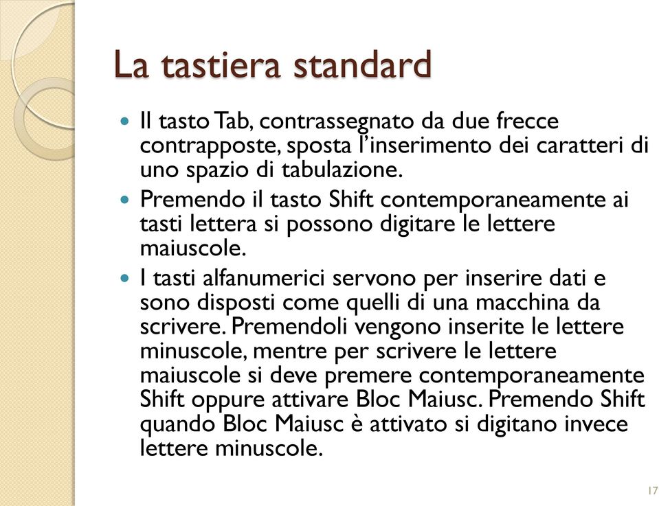 I tasti alfanumerici servono per inserire dati e sono disposti come quelli di una macchina da scrivere.