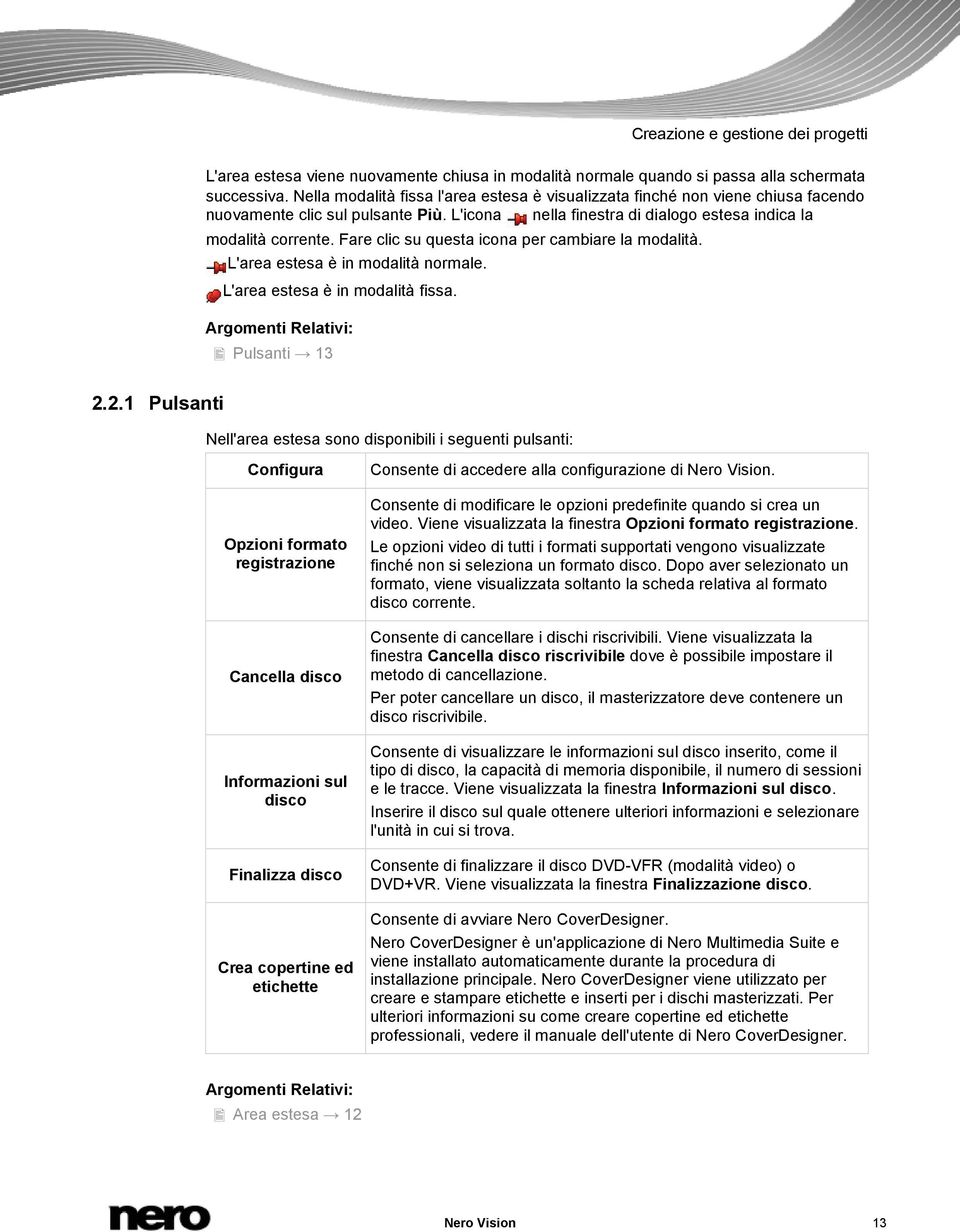 Fare clic su questa icona per cambiare la modalità. L'area estesa è in modalità normale. L'area estesa è in modalità fissa. Pulsanti 13 2.