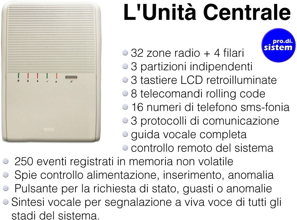 del sistema 250 eventi registrati in memoria non volatile Spie controllo alimentazione, inserimento, anomalia