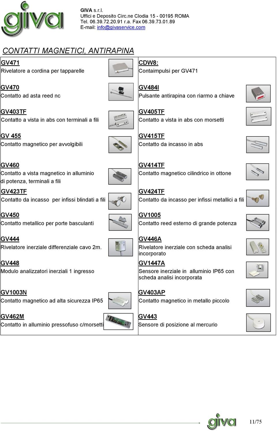 alluminio di potenza, terminali a fili GV423TF Contatto da incasso per infissi blindati a fili GV450 Contatto metallico per porte basculanti GV444 Rivelatore inerziale differenziale cavo 2m.