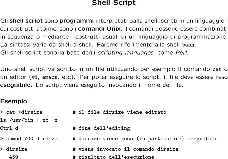 Gli shell script sono la base degli scripting languages, come Perl. Uno shell script va scritto in un file utilizzando per esempio il comando cat o un editor (vi, emacs, etc).