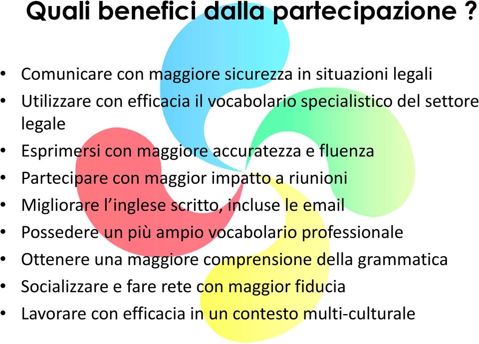 legale Esprimersi con maggiore accuratezza e fluenza Partecipare con maggior impatto a riunioni Migliorare l inglese