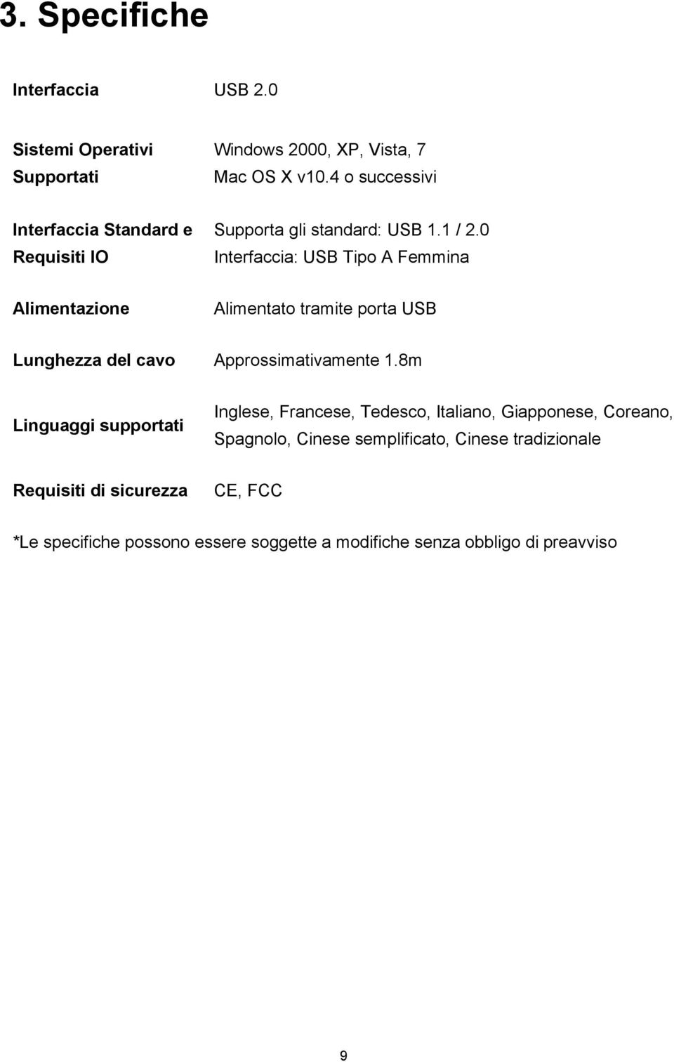 0 Interfaccia: USB Tipo A Femmina Alimentazione Alimentato tramite porta USB Lunghezza del cavo Approssimativamente 1.