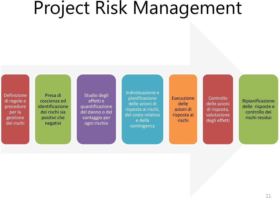 e pianificazione delle azioni di risposta ai rischi, del costo relativo e della contingency Esecuzione delle azioni di risposta ai