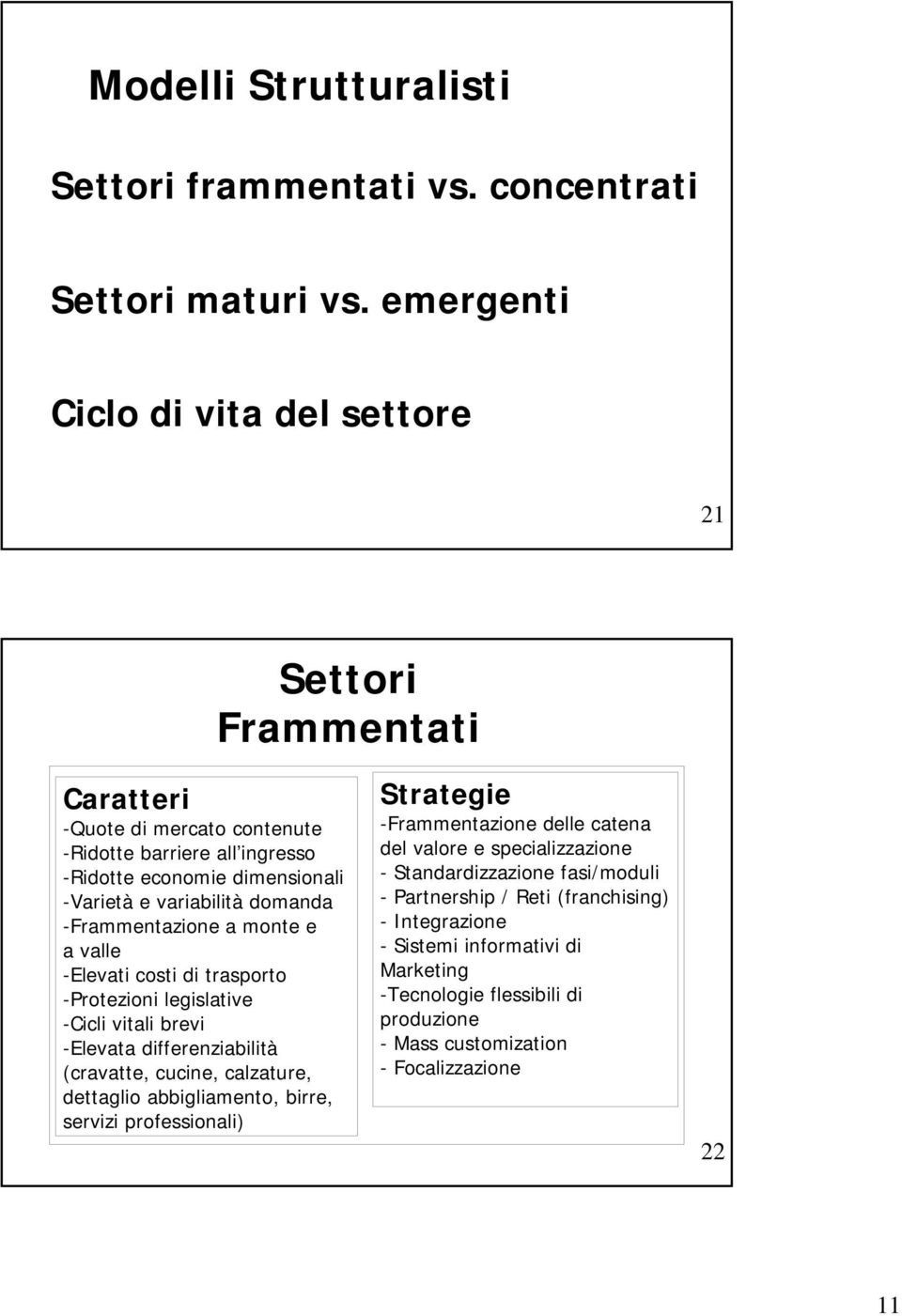 domanda -Frammentazione a monte e a valle -Elevati costi di trasporto -Protezioni legislative -Cicli vitali brevi -Elevata differenziabilità (cravatte, cucine, calzature, dettaglio