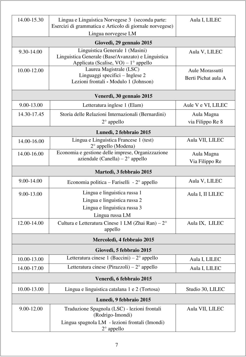 00 Laurea Magistrale (LSC) Linguaggi specifici Inglese 2 Lezioni frontali - Modulo 1 (Johnson) Aula I, Aula V, Aule Morassutti Berti Pichat aula A Venerdì, 30 gennaio 2015 9.00-13.