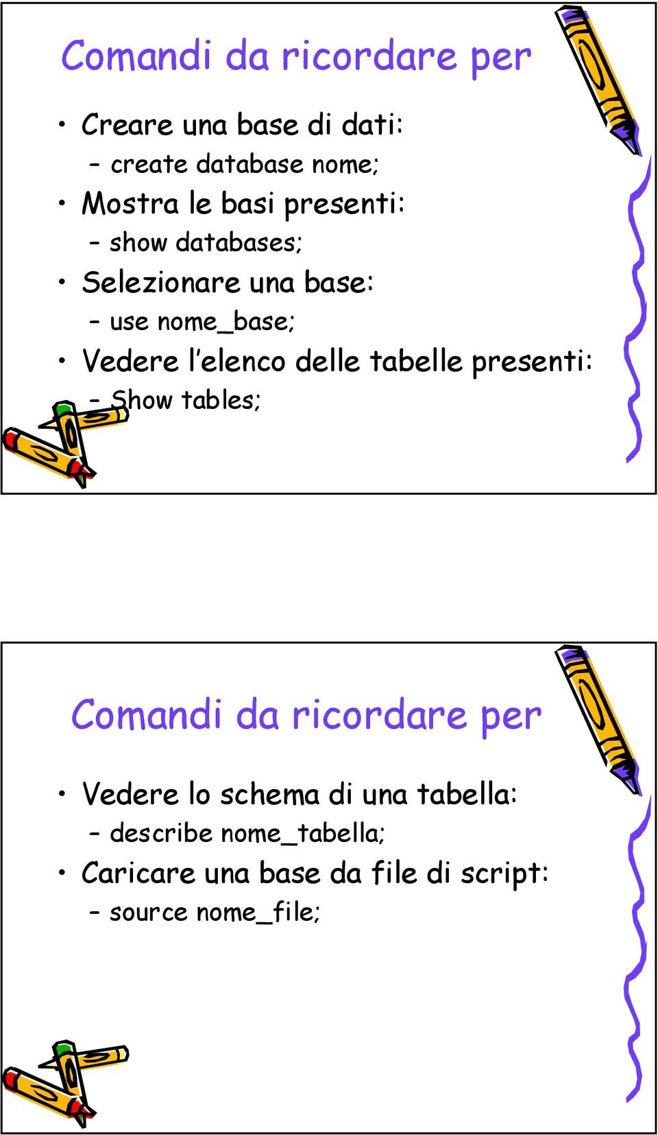 delle tabelle presenti: Show tables; Comandi da ricordare per Vedere lo schema di