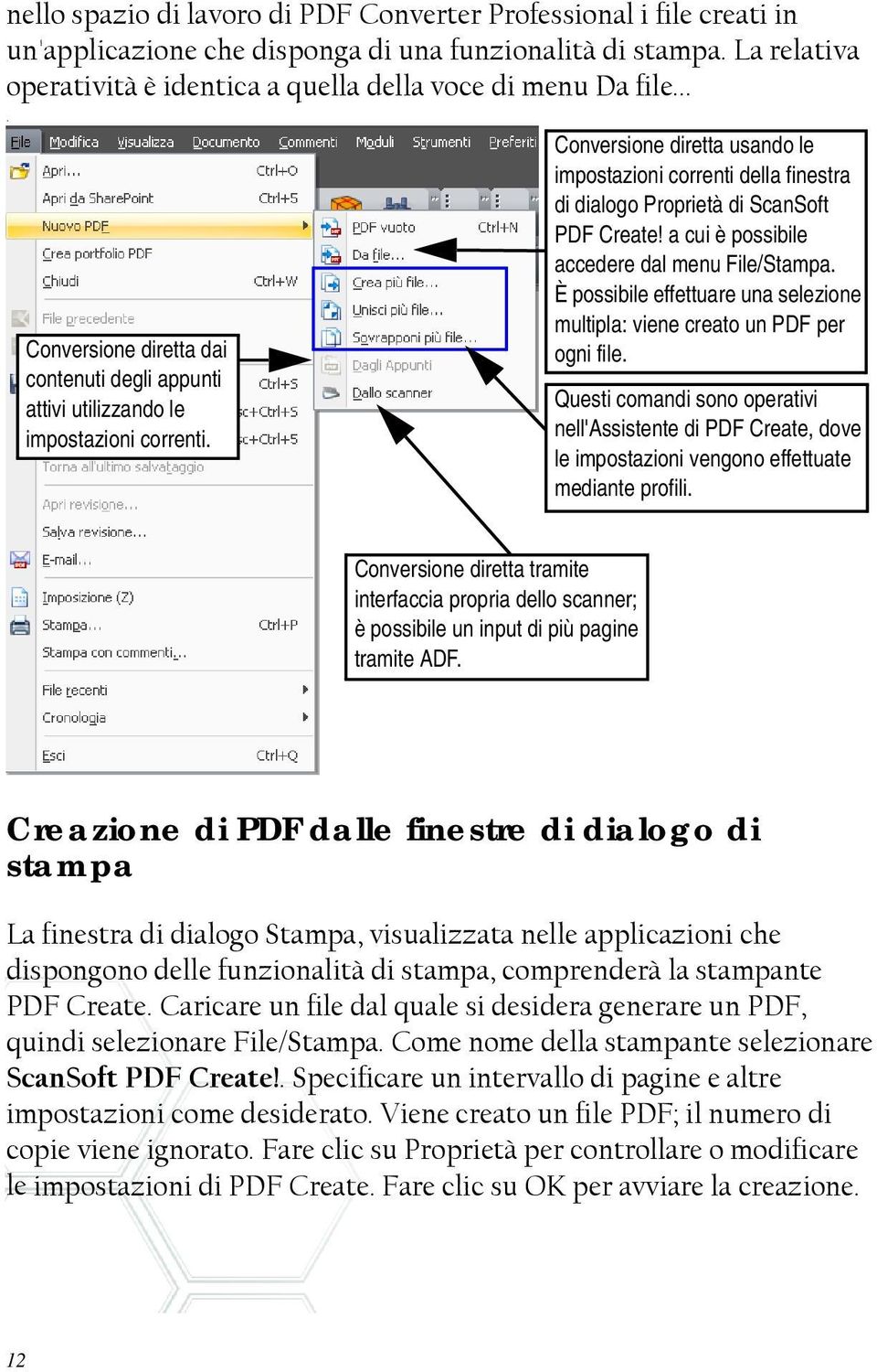 Conversione diretta usando le impostazioni correnti della finestra di dialogo Proprietà di ScanSoft PDF Create! a cui è possibile accedere dal menu File/Stampa.