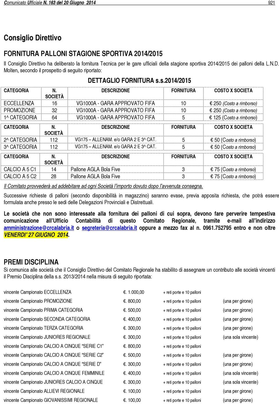 2014/2015 dei palloni della L.N.D. Molten, secondo il prospetto di seguito riportato: DETTAGLIO FORNITURA s.s.2014/2015 CATEGORIA N.