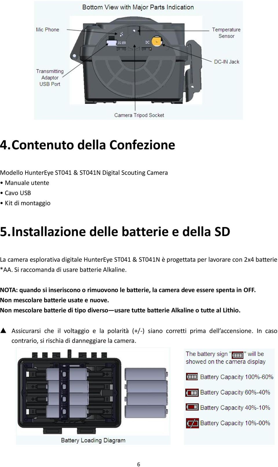 Si raccomanda di usare batterie Alkaline. NOTA: quando si inseriscono o rimuovono le batterie, la camera deve essere spenta in OFF. Non mescolare batterie usate e nuove.