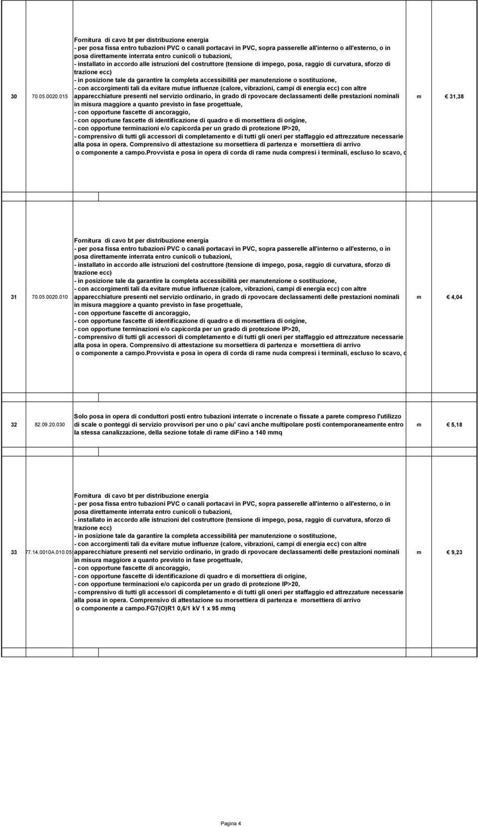 030 di scale o ponteggi di servizio provvisori per uno o piu' cavi anche multipolare posti contemporaneamente entro m 5,18 la stessa canalizzazione, della sezione totale