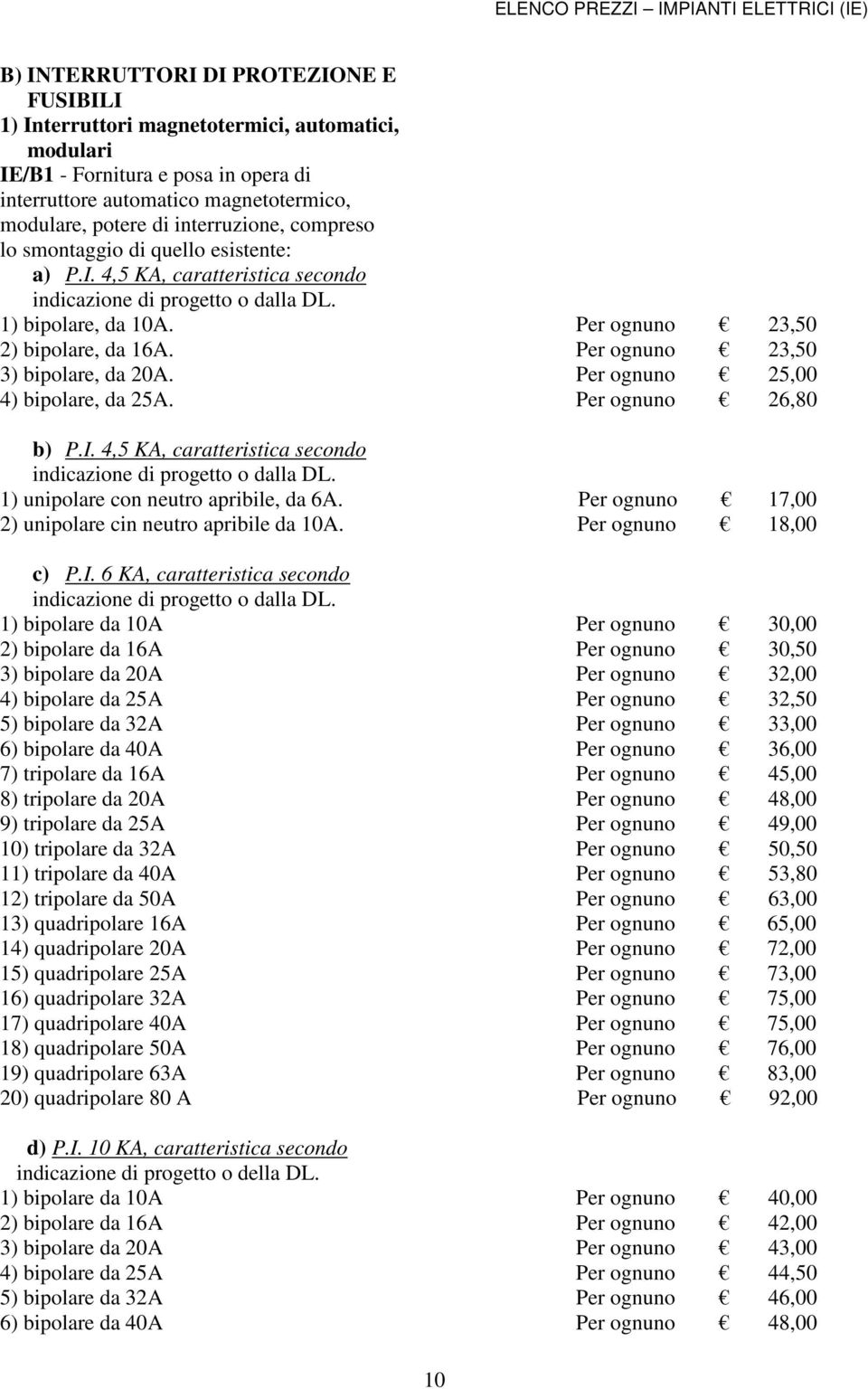 Per ognuno 23,50 3) bipolare, da 20A. Per ognuno 25,00 4) bipolare, da 25A. Per ognuno 26,80 b) P.I. 4,5 KA, caratteristica secondo indicazione di progetto o dalla DL.