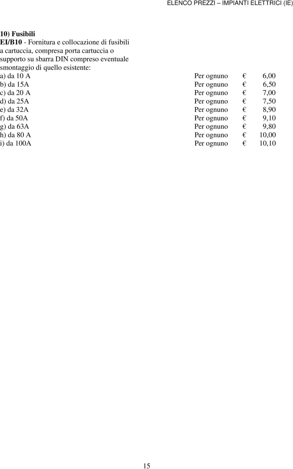 da 15A Per ognuno 6,50 c) da 20 A Per ognuno 7,00 d) da 25A Per ognuno 7,50 e) da 32A Per ognuno 8,90