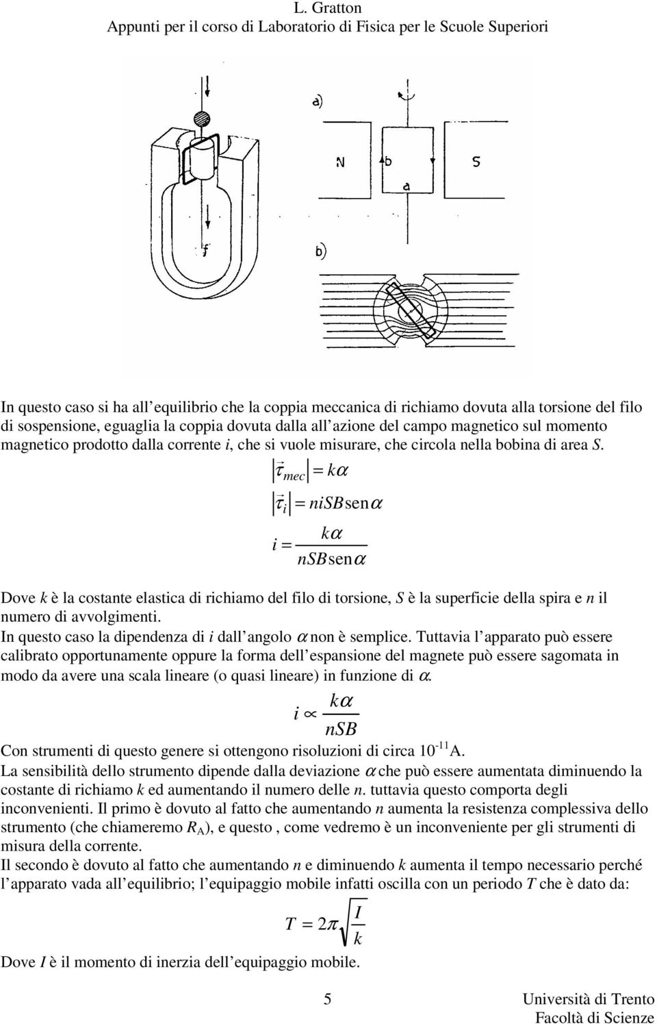 τ ec kα τ nsbsenα kα nsbsenα Dove k è la costante elastca d rchao del flo d torsone, S è la superfce della spra e n l nuero d avvolgent. In questo caso la dpendenza d dall angolo α non è seplce.