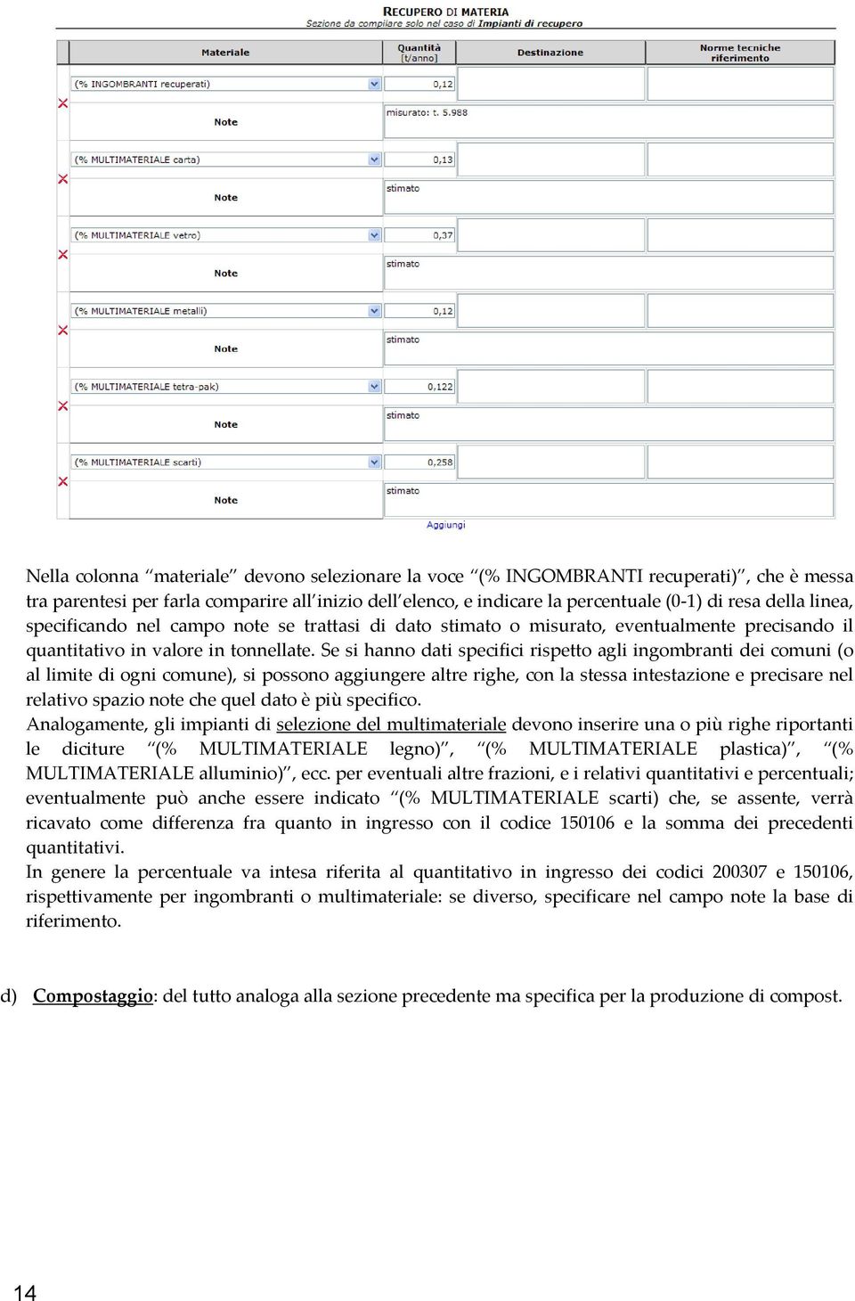 Se si hanno dati specifici rispetto agli ingombranti dei comuni (o al limite di ogni comune), si possono aggiungere altre righe, con la stessa intestazione e precisare nel relativo spazio note che