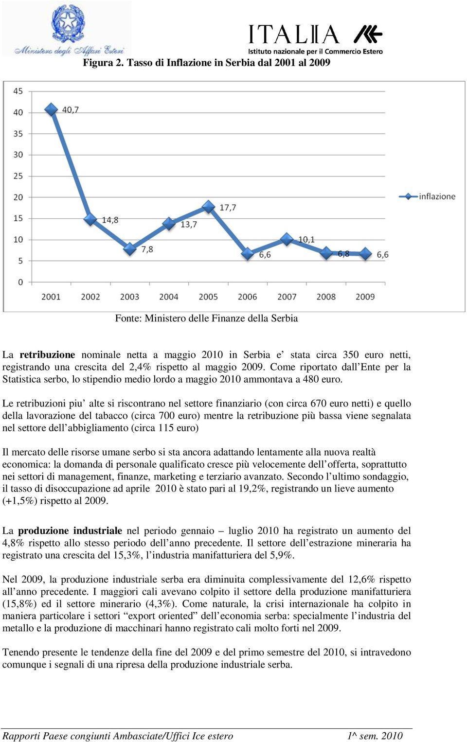 crescita del 2,4% rispetto al maggio 2009. Come riportato dall Ente per la Statistica serbo, lo stipendio medio lordo a maggio 2010 ammontava a 480 euro.