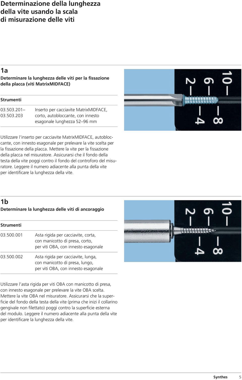 203 corto, autobloccante, con innesto esagonale lunghezza 52 96 mm Utilizzare l inserto per cacciavite MatrixMIDFACE, autobloccante, per prelevare la vite scelta per la fissazione della placca.