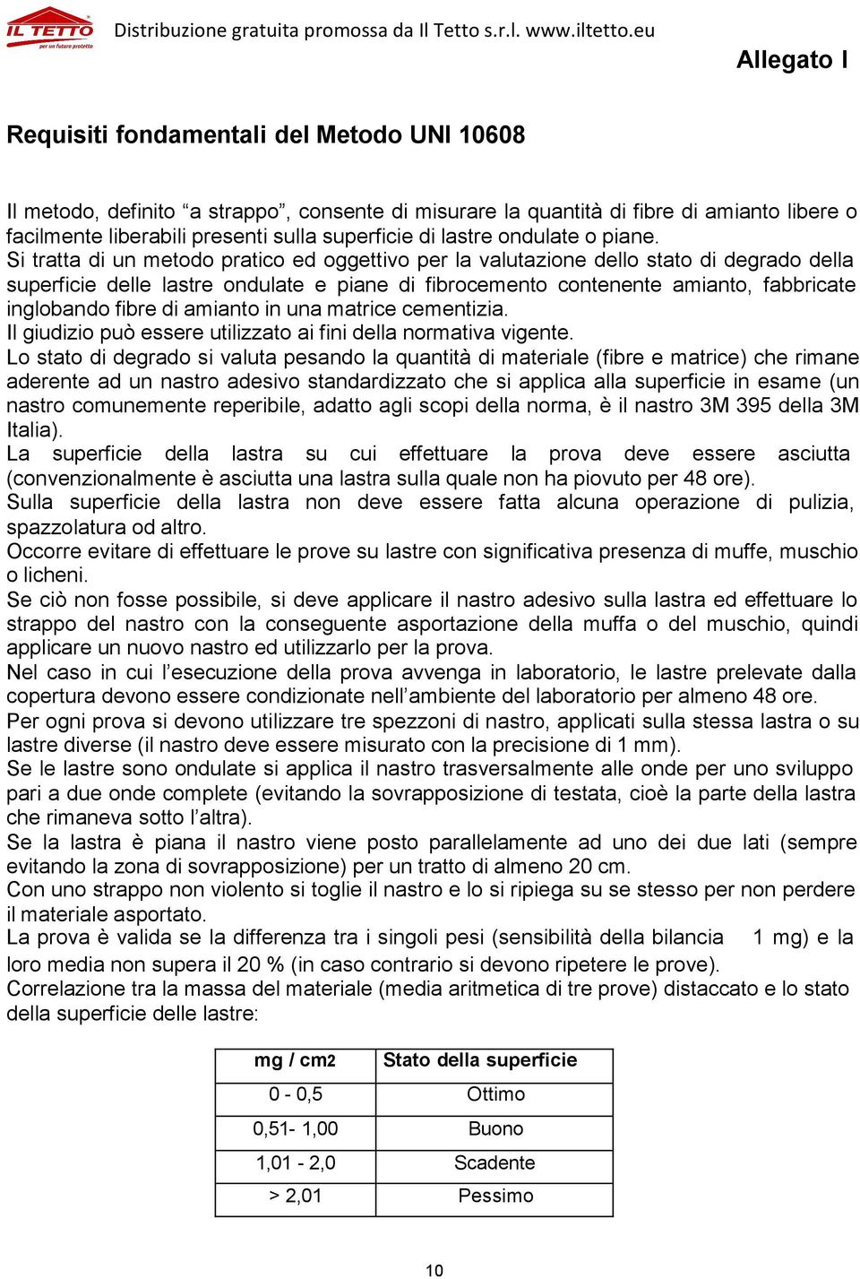 Si tratta di un metodo pratico ed oggettivo per la valutazione dello stato di degrado della superficie delle lastre ondulate e piane di fibrocemento contenente amianto, fabbricate inglobando fibre di