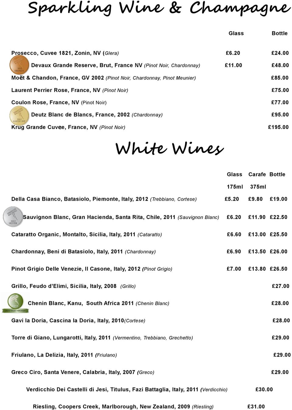 00 Deutz Blanc de Blancs, France, 2002 (Chardonnay) 95.00 Krug Grande Cuvee, France, NV (Pinot Noir) 195.00 White Wines Della Casa Bianco, Batasiolo, Piemonte, Italy, 2012 (Trebbiano, Cortese) 5.20 9.