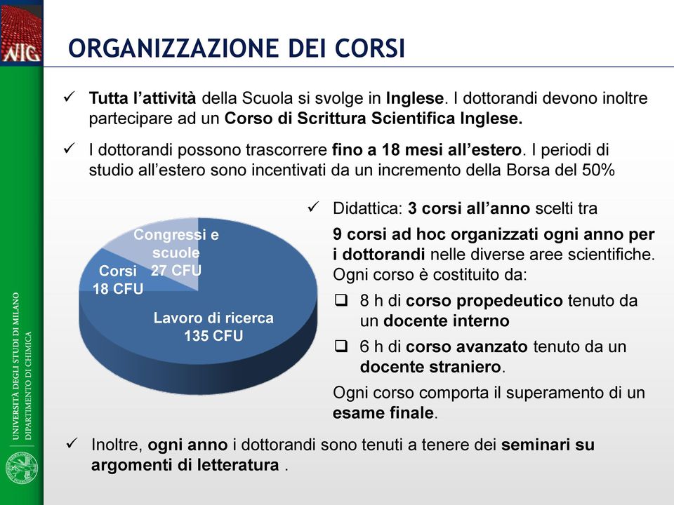 I periodi di studio all estero sono incentivati da un incremento della Borsa del 50% Congressi e scuole Corsi 27 CFU 18 CFU Lavoro di ricerca 135 CFU Didattica: 3 corsi all anno scelti tra 9 corsi