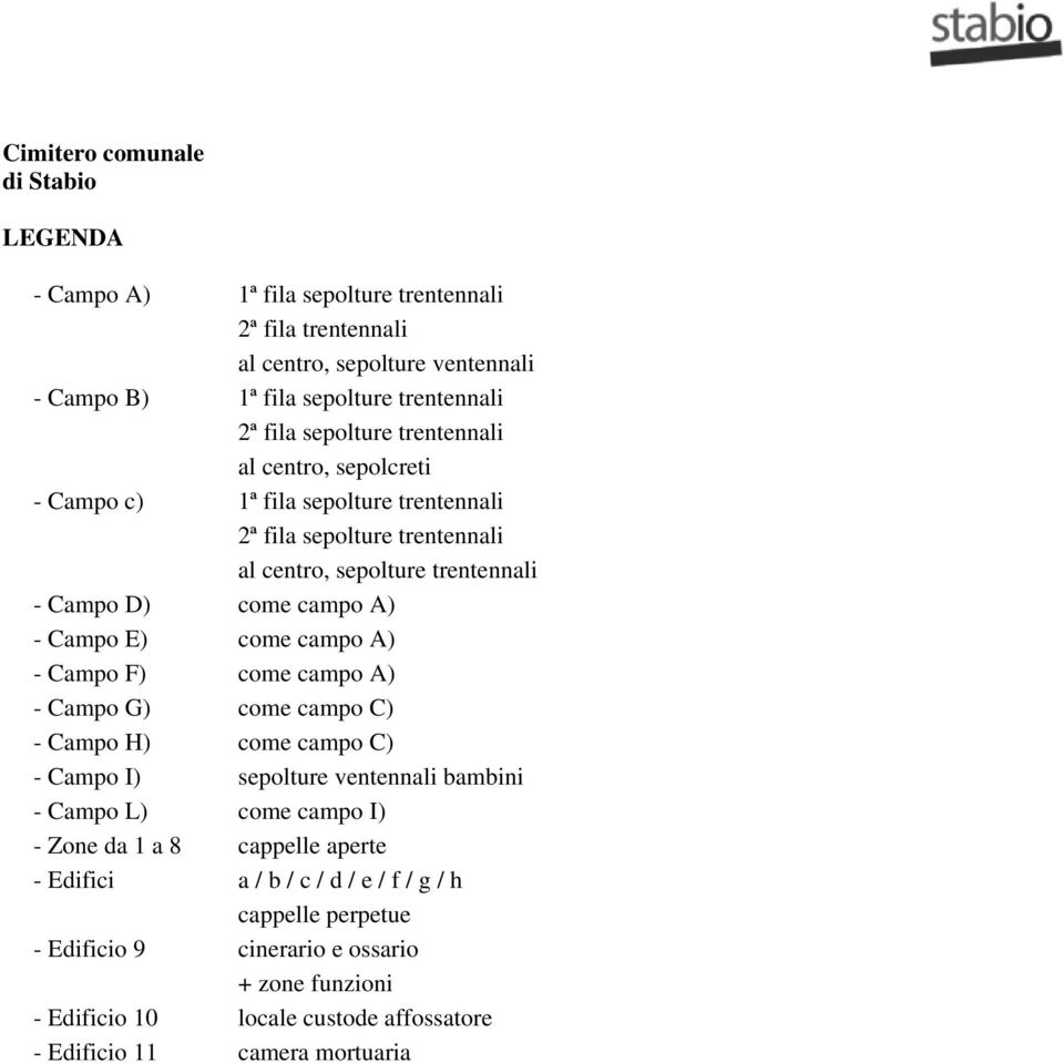 E) come campo A) - Campo F) come campo A) - Campo G) come campo C) - Campo H) come campo C) - Campo I) sepolture ventennali bambini - Campo L) come campo I) - Zone da 1 a 8 cappelle