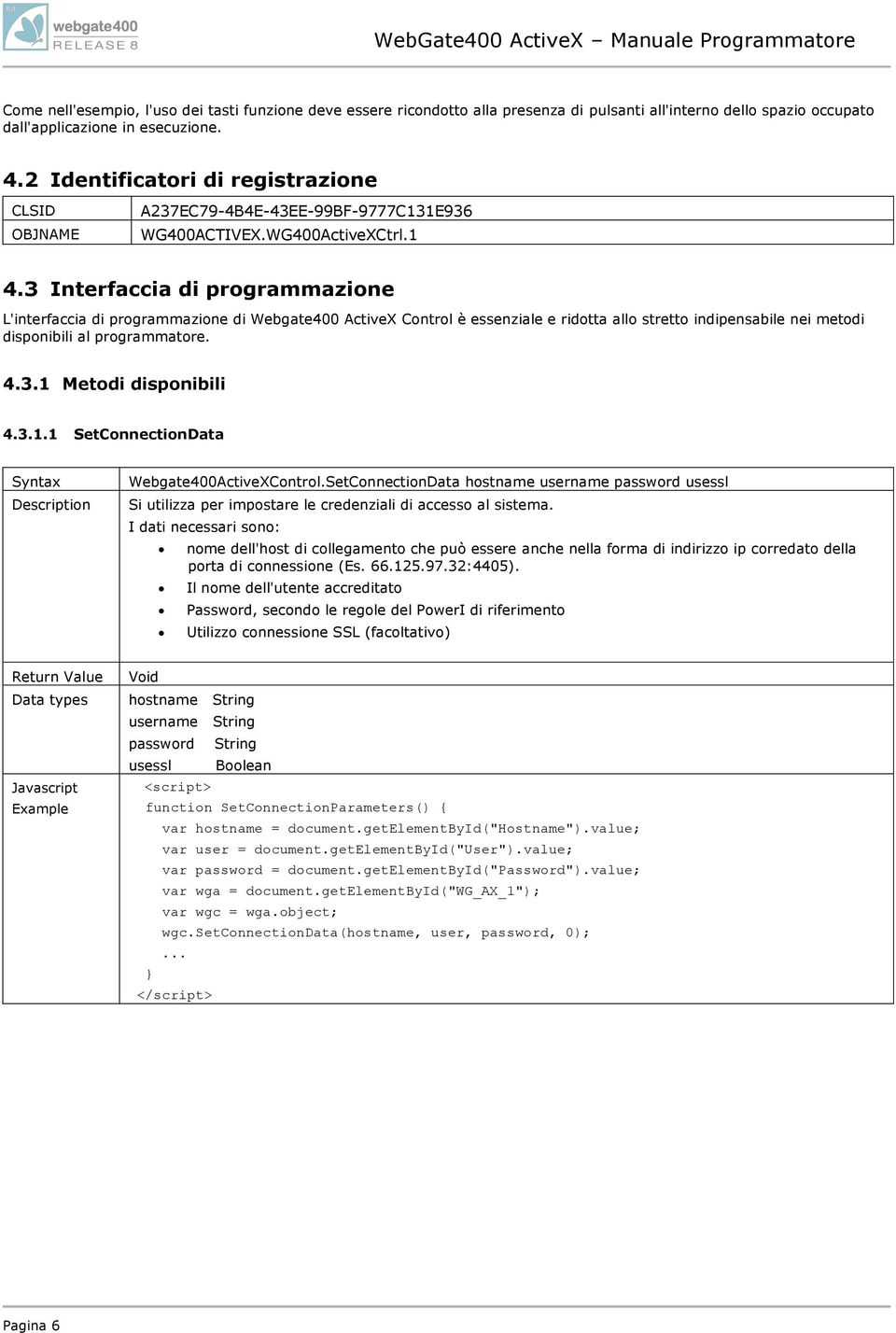 3 Interfaccia di programmazione L'interfaccia di programmazione di Webgate400 ActiveX Control è essenziale e ridotta allo stretto indipensabile nei metodi disponibili al programmatore. 4.3.1 Metodi disponibili 4.