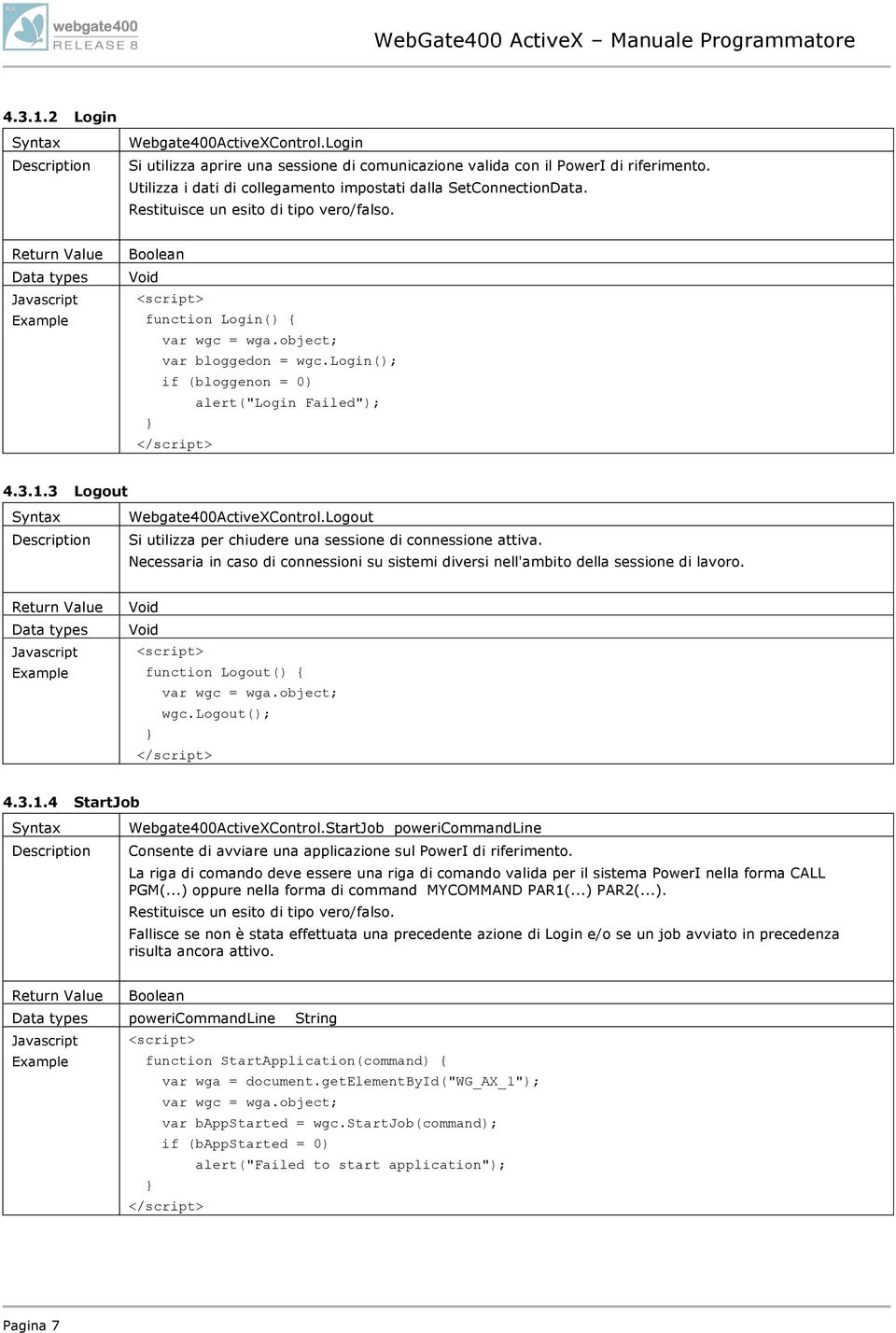 3 Logout Webgate400ActiveXControl.Logout Si utilizza per chiudere una sessione di connessione attiva. Necessaria in caso di connessioni su sistemi diversi nell'ambito della sessione di lavoro.