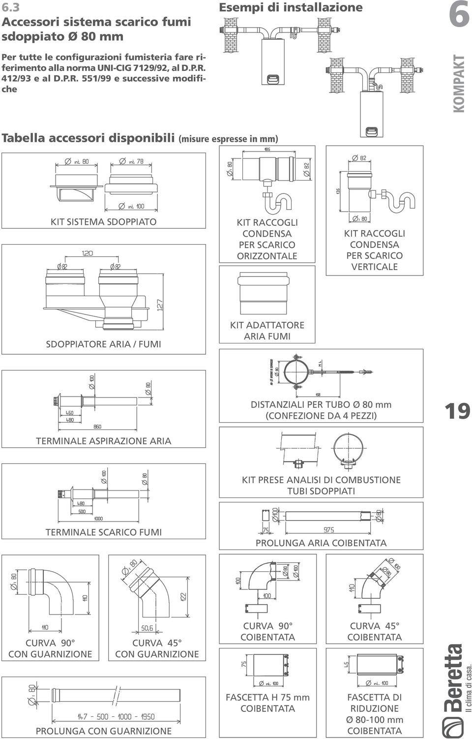 551/99 e successive modifiche KOMPAKT Tabella accessori disponibili (misure espresse in mm) KIT SISTEMA SDOPPIATO KIT RACCOGLI CONDENSA PER SCARICO ORIZZONTALE KIT RACCOGLI CONDENSA PER SCARICO