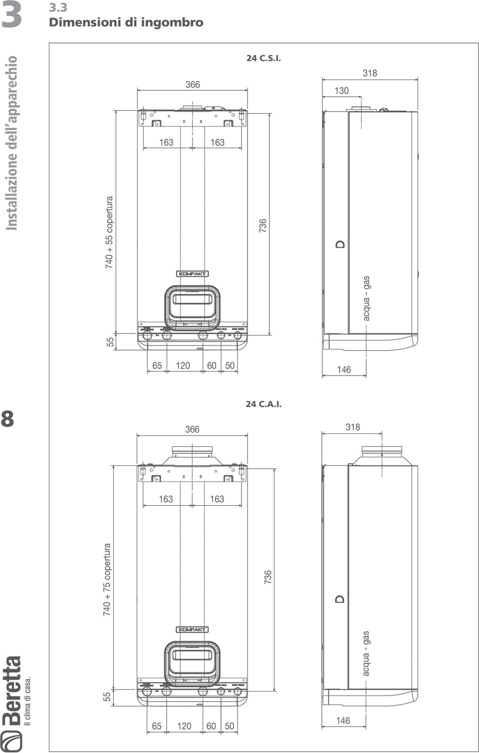 736 130 318 acqua - gas 65 120 60 50 146 8 366 24 C.A.I.