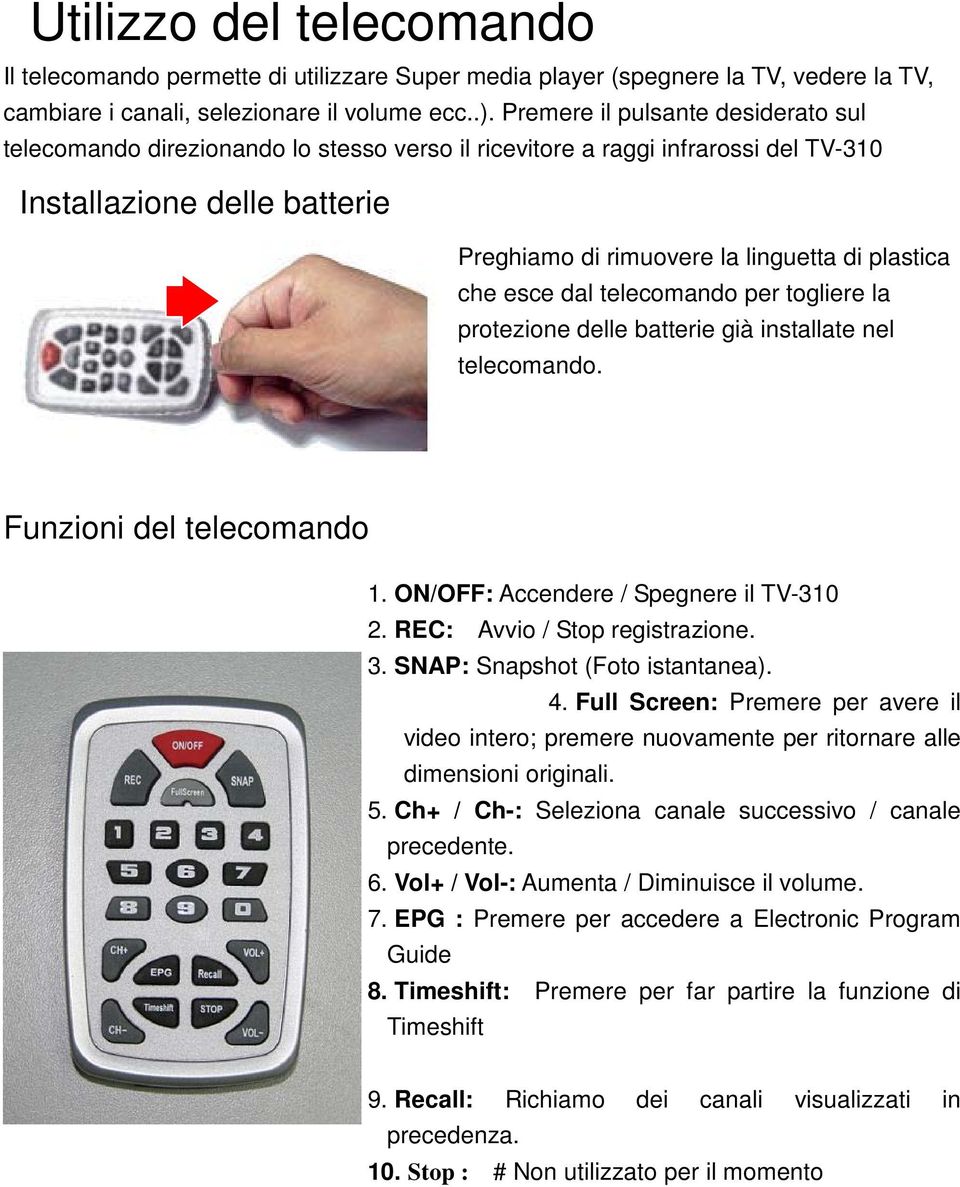 che esce dal telecomando per togliere la protezione delle batterie già installate nel telecomando. Funzioni del telecomando 1. ON/OFF: Accendere / Spegnere il TV-310 2.