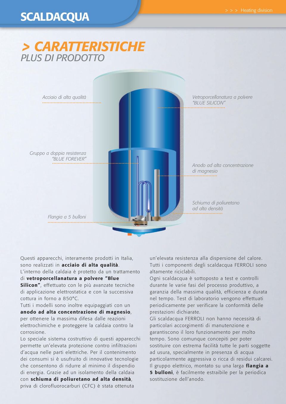L interno della caldaia è protetto da un trattamento di vetroporcellanatura a polvere Blue Silicon, effettuato con le più avanzate tecniche di applicazione elettrostatica e con la successiva cottura