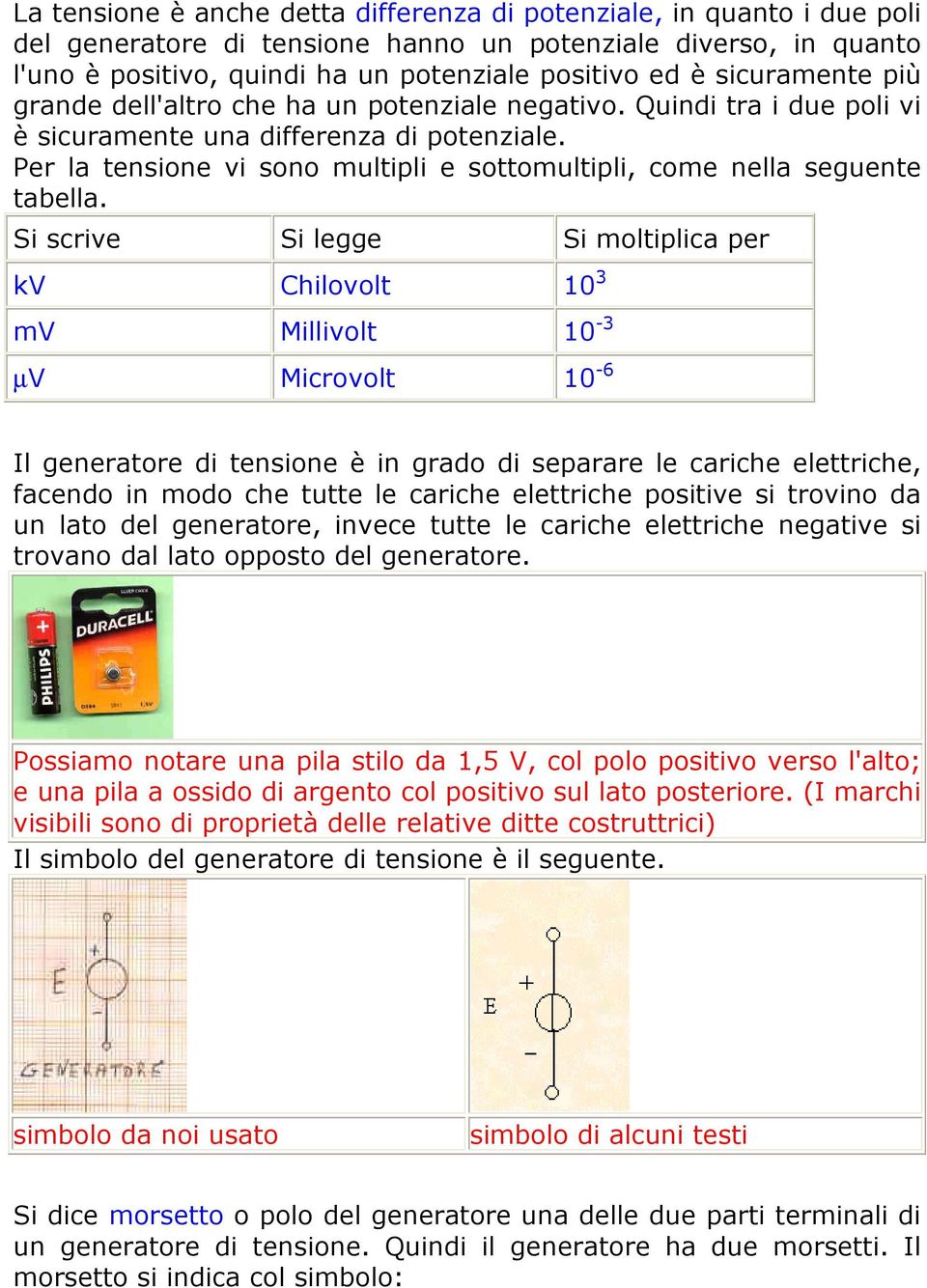 Per la tensione vi sono multipli e sottomultipli, come nella seguente tabella.