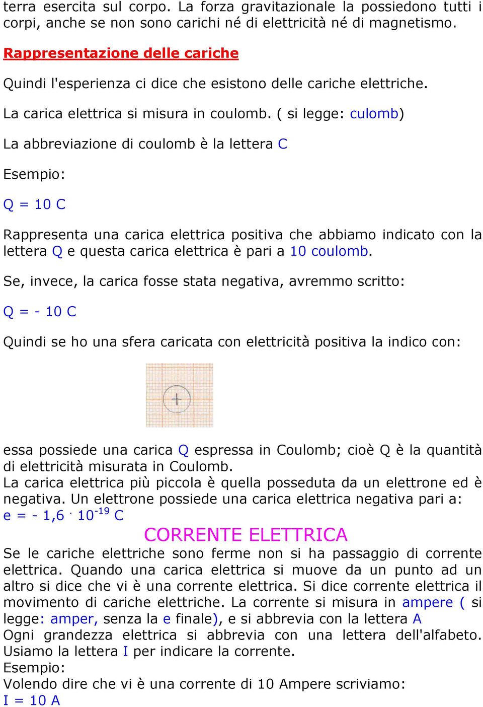 ( si legge: culomb) La abbreviazione di coulomb è la lettera C Esempio: Q = 10 C Rappresenta una carica elettrica positiva che abbiamo indicato con la lettera Q e questa carica elettrica è pari a 10