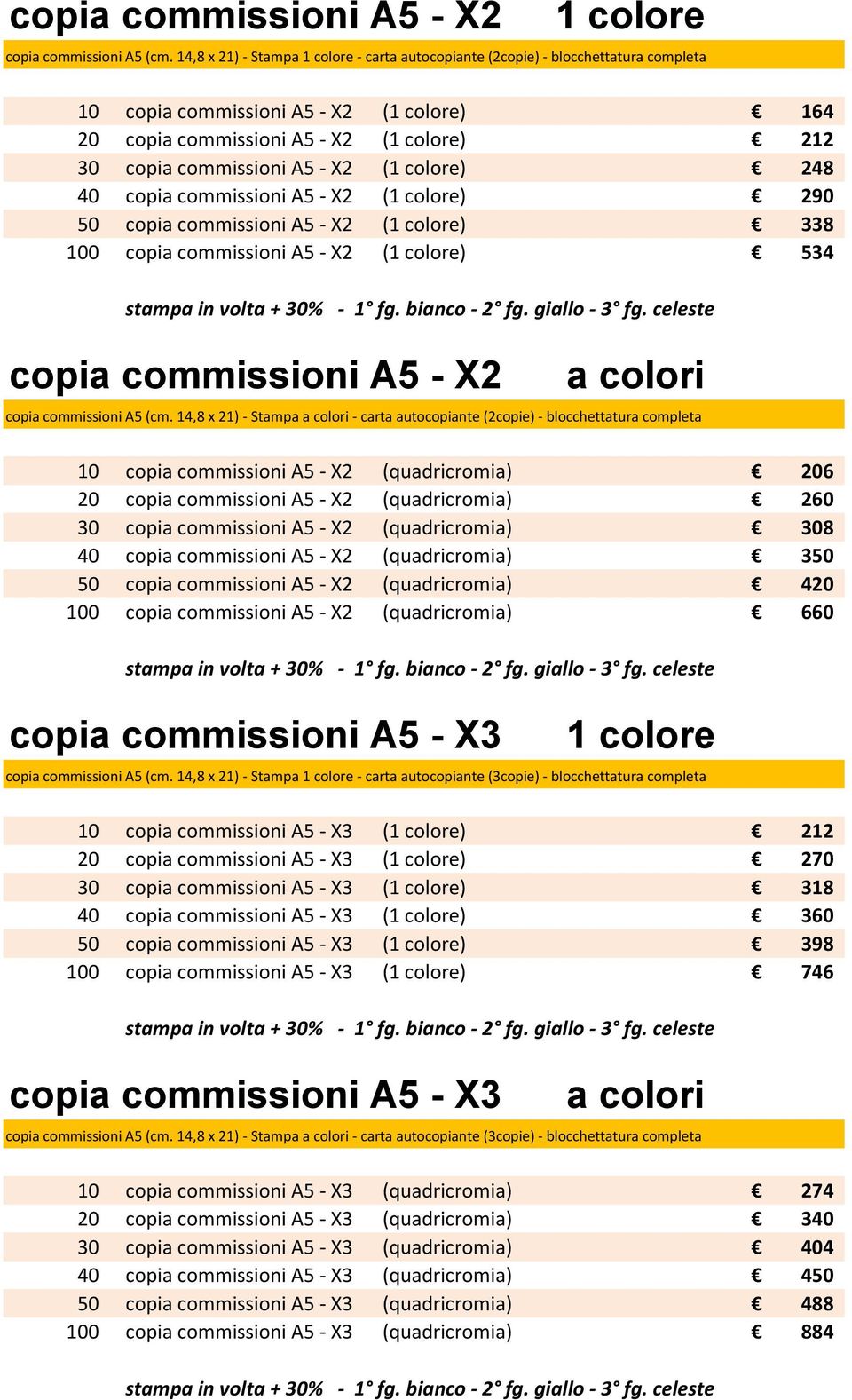 X2 (1 colore) 248 40 copia commissioni A5 - X2 (1 colore) 290 50 copia commissioni A5 - X2 (1 colore) 338 100 copia commissioni A5 - X2 (1 colore) 534 stampa in volta + 30% - 1 fg. bianco - 2 fg.